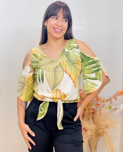 BLUSA MANGA CURTA DECOTE V COM OMBRO VAZADO E AMARRAÇÃO LE TICY JM 10 021 estampado frente foto 001